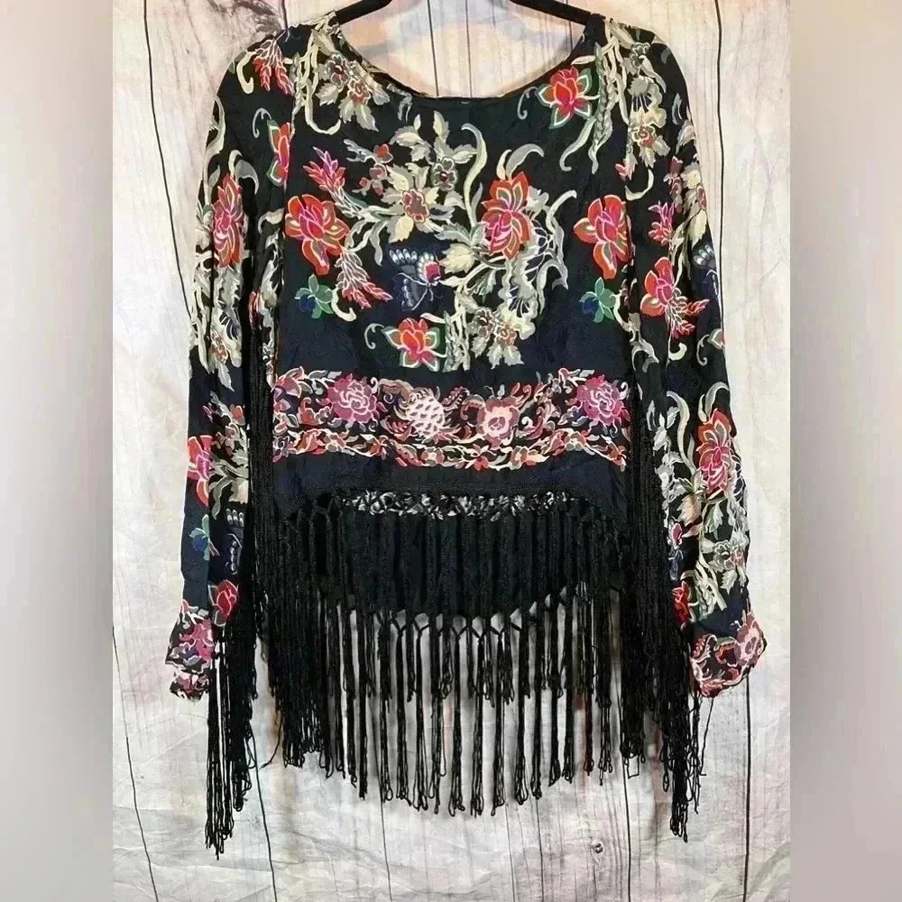Top Shop Fringe Floral Long Sleeve Blouse Top Size 2